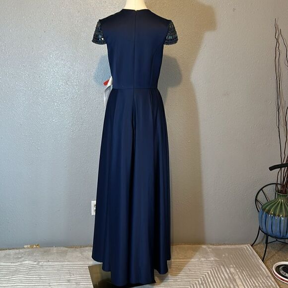 NEW Ieena for Mac Duggal hand- beaded cap sleeve A-line navy blue gown size 6 - Picture 8 of 14